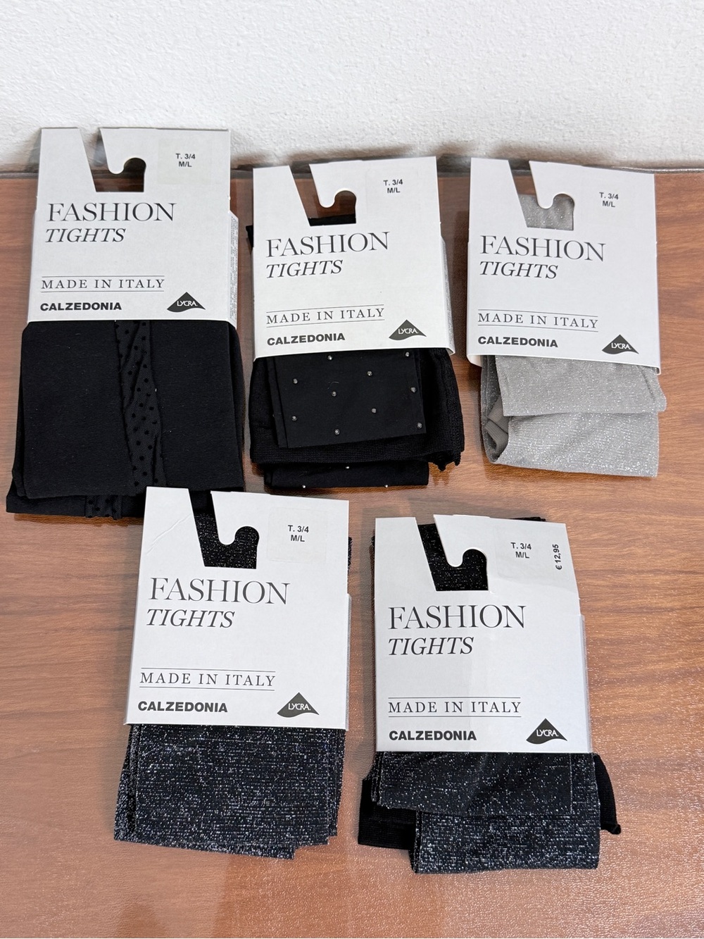 Calzedonia 5 Packs Black & Silver Fashion Tights Made in Italy M/L NWT